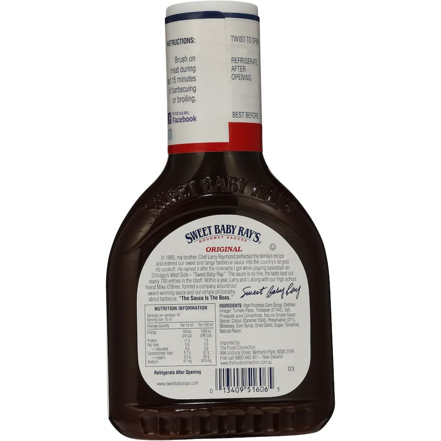 Sweet Baby Ray's BBQ Sauce bottle showcasing a sweet and tangy blend, perfect for grilling and enhancing your favorite dishes.