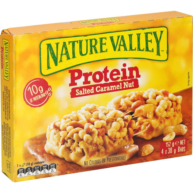 Nature Valley Protein Nut Bar in Salted Caramel, featuring crunchy nuts and rich caramel, perfect for a nutritious snack on-the-go.