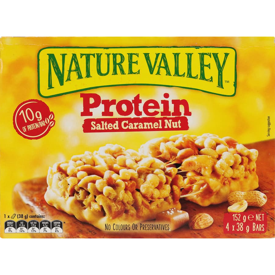 Nature Valley Protein Nut Bars in Salted Caramel, featuring crunchy nuts and rich caramel, perfect for nutritious snacking on-the-go.