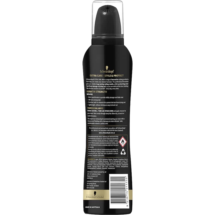 Lightweight hair mousse for ultimate volume, 48-hour hold, and protection with liquid keratin, suitable for all hair types.