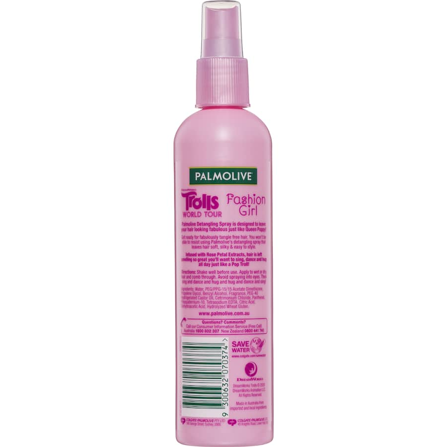 Palmolive Fashion Girl Hair Spray Detangling Rose Kisses, a rose-scented spray for tangle-free, fabulous hair for kids.