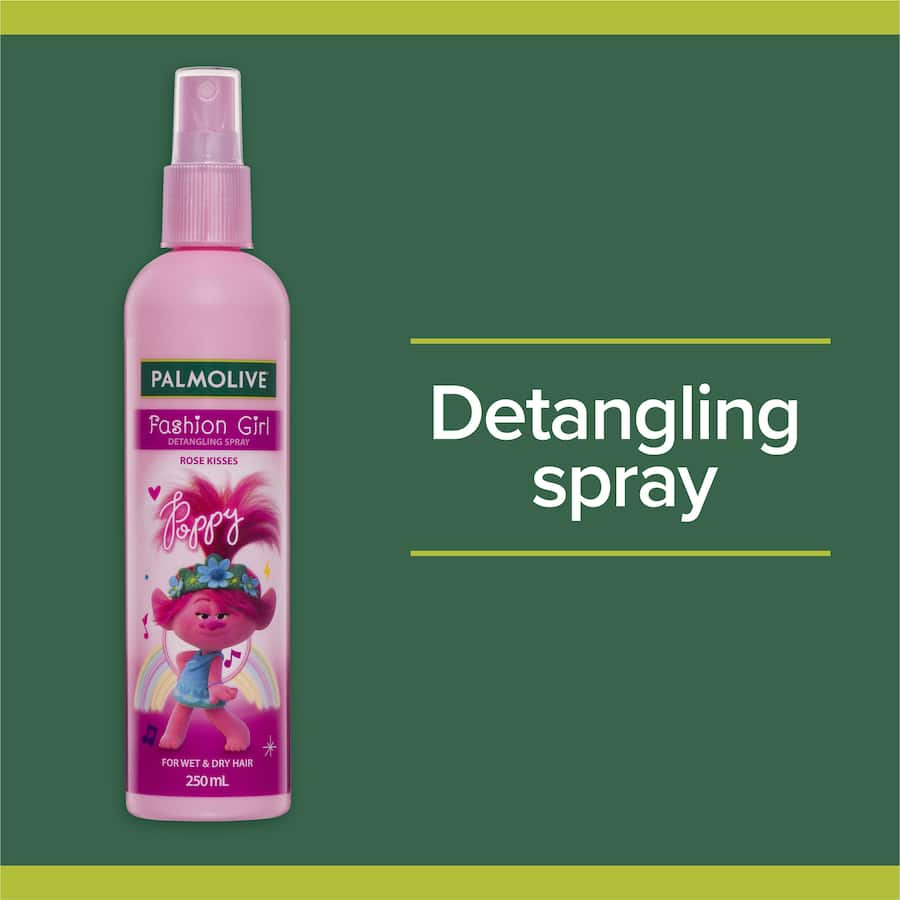 Palmolive Fashion Girl Hair Spray Detangling Rose Kisses, a kids' spray for tangle-free hair, infused with rose essence.