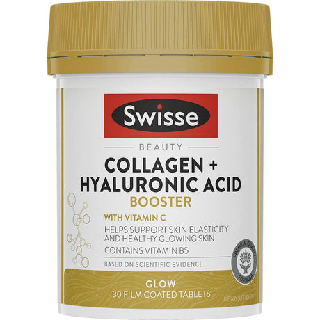 Swisse Collagen Plus Hyaluronic Acid Booster for youthful, radiant skin, enhancing elasticity and hydration for all skin types.