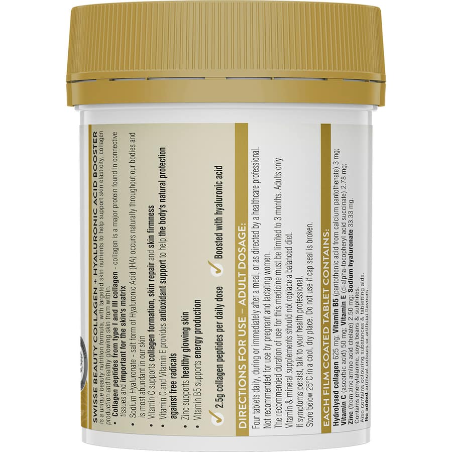 Swisse Collagen Plus Hyaluronic Acid Booster enhances skin elasticity and promotes hydration for youthful, radiant skin.