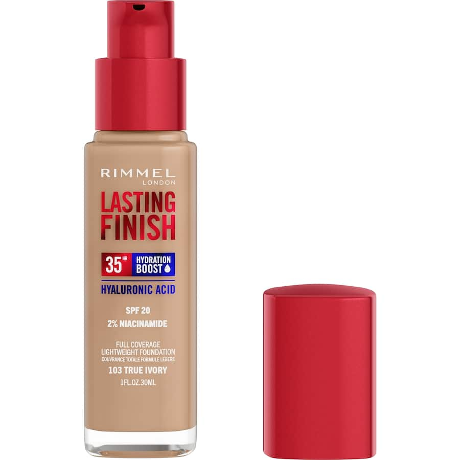 Rimmel Foundation 35hr Lasting Finish in True Ivory offers full coverage, hydration, and SPF20 for a natural, radiant complexion.