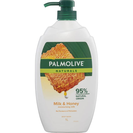 Palmolive Naturals Body Wash with Milk & Honey, a 1L eco-friendly shower gel for moisturizing and nourishing all skin types.