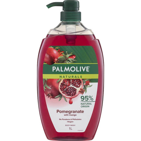 Palmolive Naturals Pomegranate & Mango Body Wash in a recyclable bottle, featuring natural extracts for gentle cleansing and nourishment.