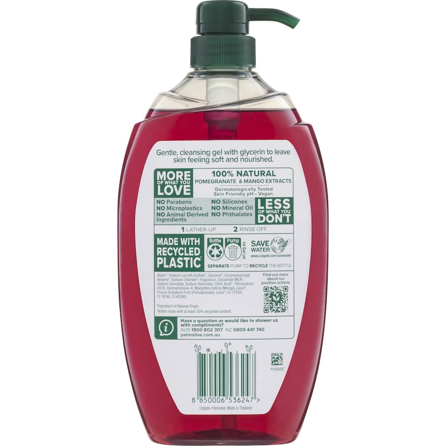 Palmolive Naturals Body Wash with pomegranate and mango extracts, free from harmful chemicals for healthy, radiant skin.