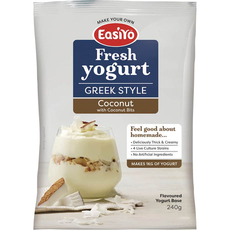 Easiyo Yoghurt Base Greek with Coconut Bits for creamy yogurt with probiotic benefits and crunchy coconut flavor.