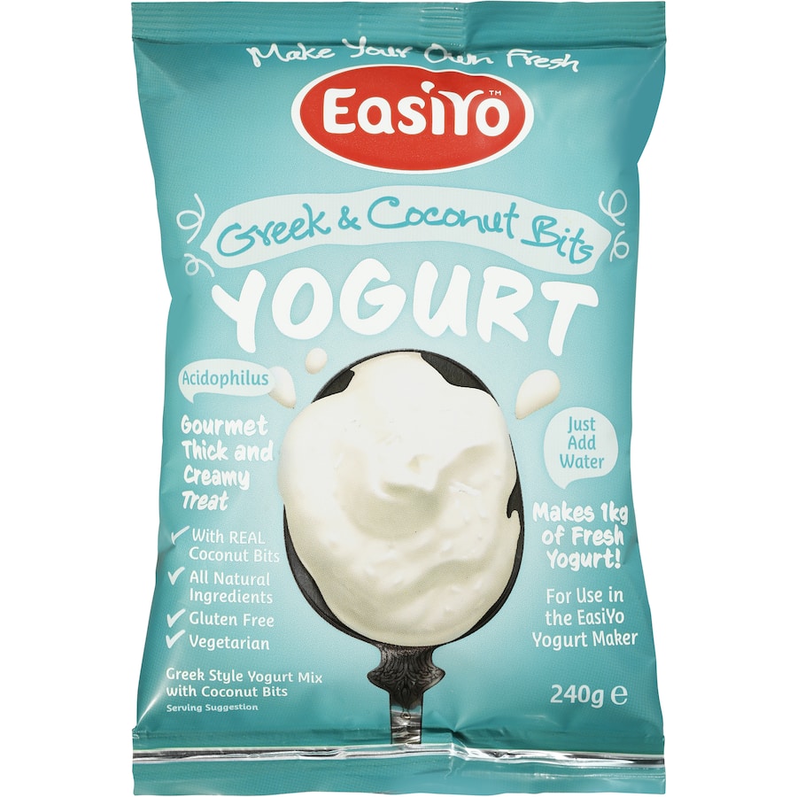 Easiyo Yoghurt Base Greek N Coconut Bits for creamy yogurt with crunchy coconut, rich in probiotics and flavor.