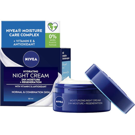 Nivea Hydrating Night Cream for normal and combination skin, enriched with Vitamin E for overnight moisture and regeneration.