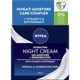 NIVEA Hydrating Night Cream for Normal and Combination Skin, with Vitamin E, promotes overnight moisture and skin regeneration.