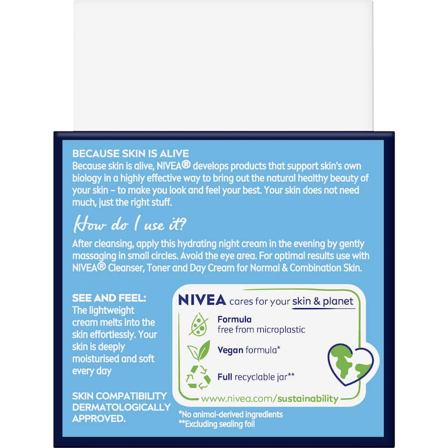 Nivea Hydrating Night Cream for normal and combination skin, enriched with Vitamin E for deep hydration and overnight regeneration.