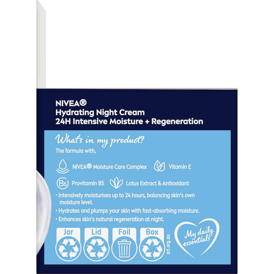 NIVEA Hydrating Night Cream for normal/combination skin, enriched with Vitamin E for intense overnight moisture and regeneration.