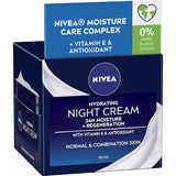 Nivea Hydrating Night Cream for normal and combination skin, infused with Vitamin E for overnight moisture and regeneration.