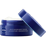 NIVEA Hydrating Night Cream, enriched with Vitamin E, offers intense moisture and skin regeneration for a radiant morning glow.