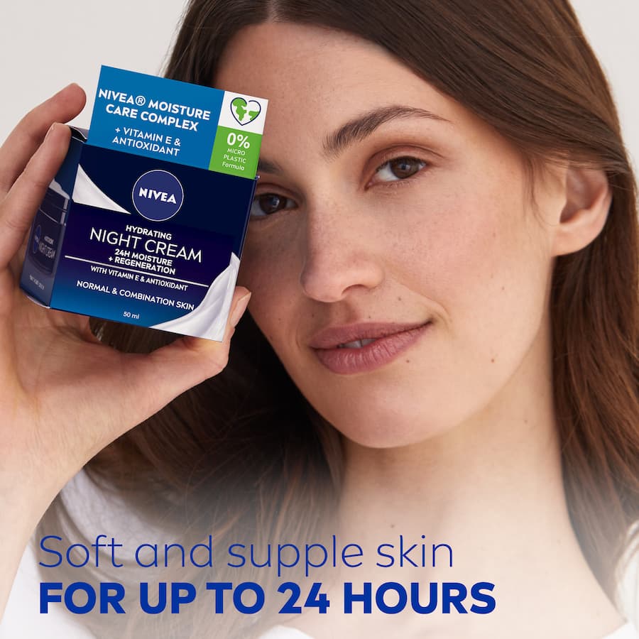 Nivea Hydrating Night Cream with Vitamin E, designed for normal and combination skin, delivers overnight moisture and regeneration.