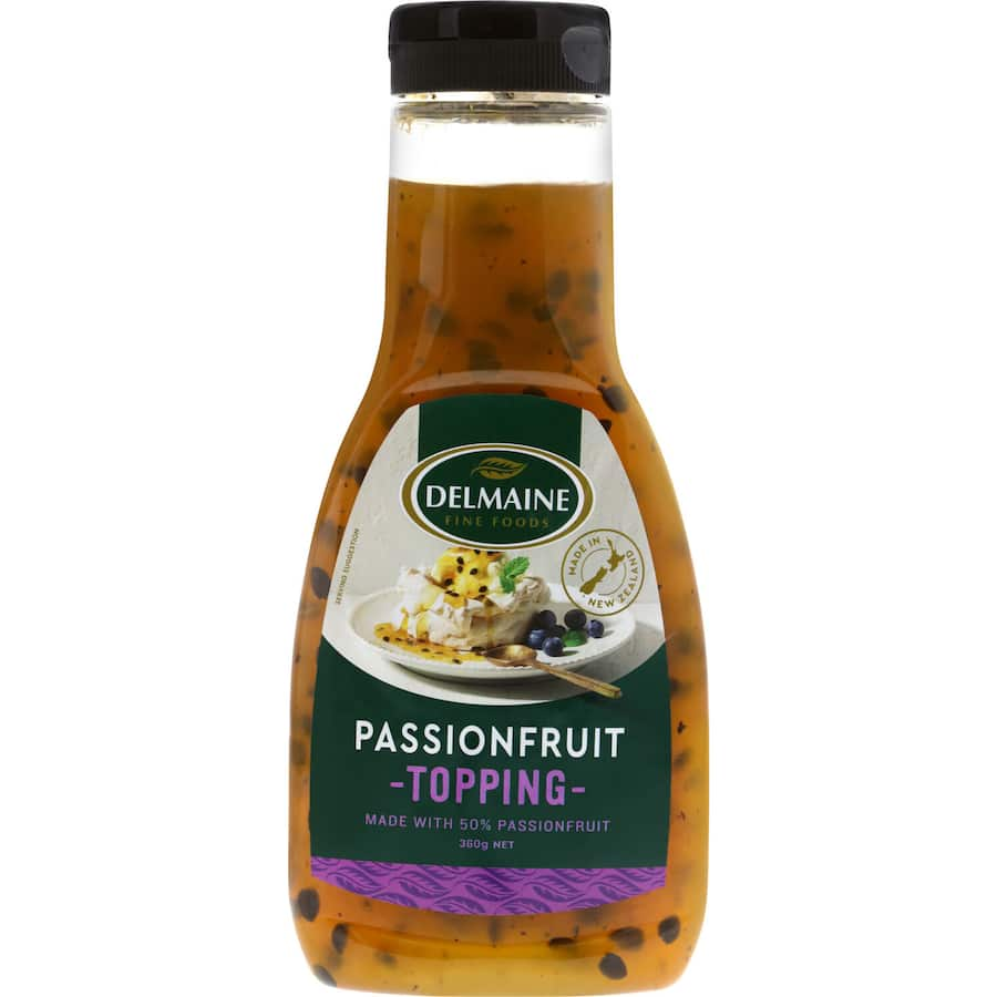 Luscious Delmaine Topping Passionfruit in thick syrup, perfect for desserts, ice cream, and creative baking.