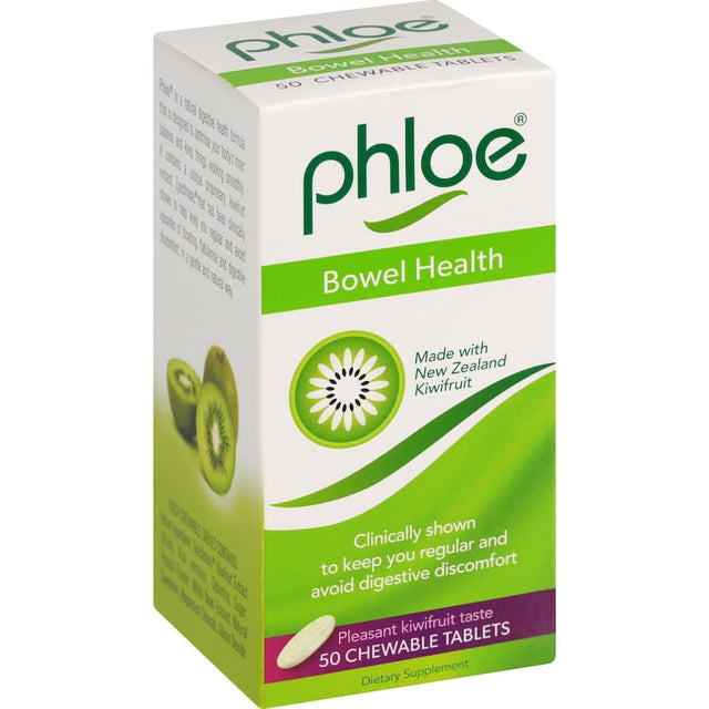 Phloe Bowel Care Chewable Tablets: tasty kiwi-flavored digestive support with enzymes, prebiotics, and fiber for optimal gut health.