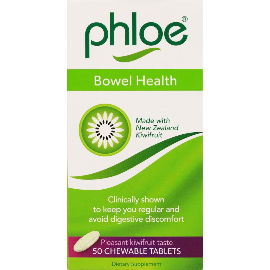 Phloe Bowel Care Chewable Tablets in kiwi-tropical flavor, featuring a triple action formula for digestive health.