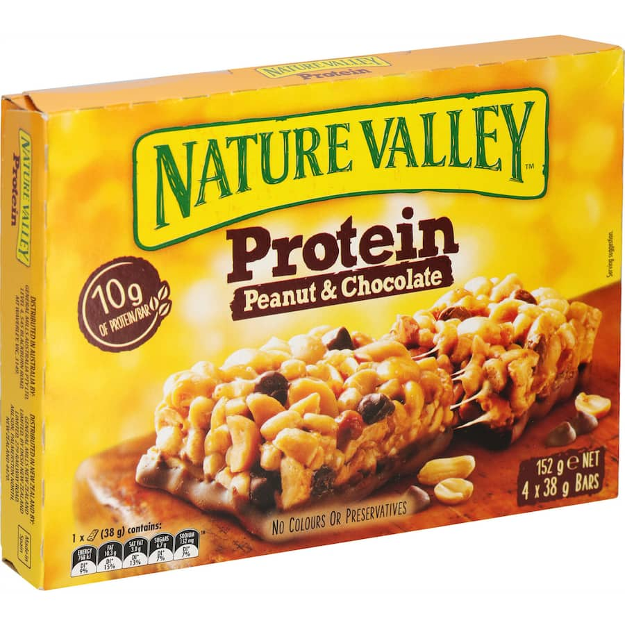 Nature Valley Protein Nut Bars with Peanut & Chocolate offer a crunchy, protein-rich snack packed with real peanuts and chocolate.