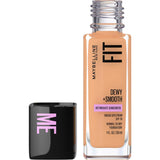 Maybelline Fit Me Dewy Foundation in Sun Beige 310, a radiant, hydrating liquid with SPF 18 for a smooth, luminous finish.