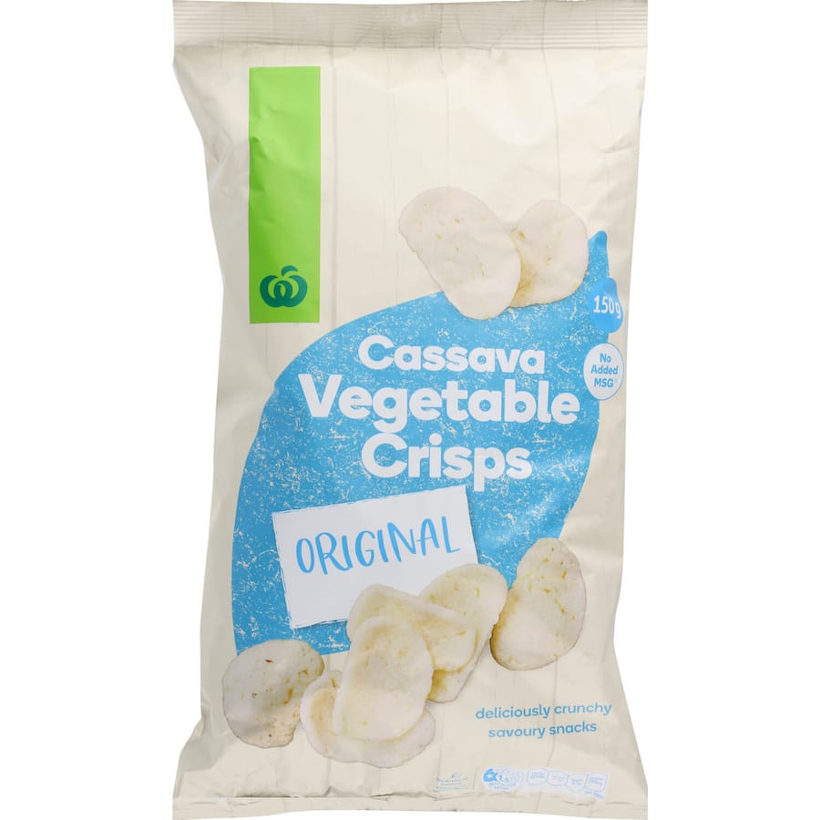 Woolworths Cassava Vegetable Crisps Original 150g, a crunchy, gluten-free snack made with cassava, perfect for dipping or on-the-go.