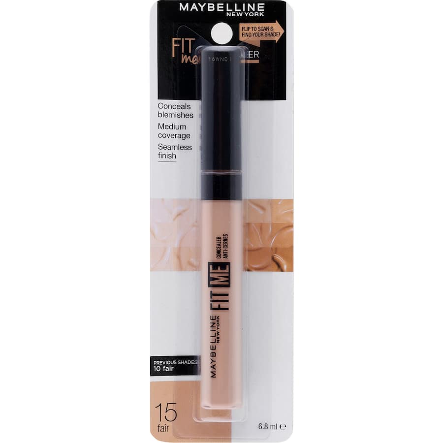 Maybelline Fit Me Concealer in Fair 15 offers lightweight coverage to conceal blemishes and brighten fair skin tones.