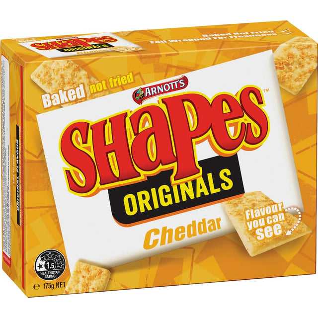 Crunchy Arnotts Shapes Crackers infused with rich cheddar flavor, perfect for snacking, dips, and gatherings.