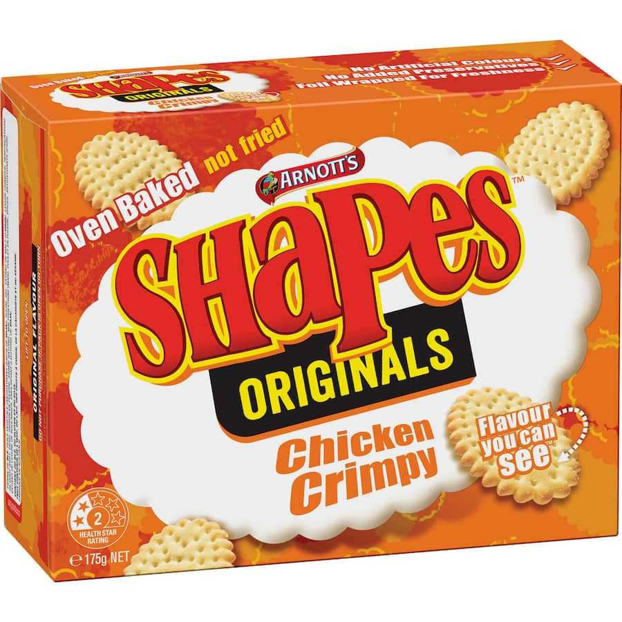 Crunchy Arnotts Shapes Chicken Crimpy crackers, packed with real chicken flavor and perfect for snacking anytime.