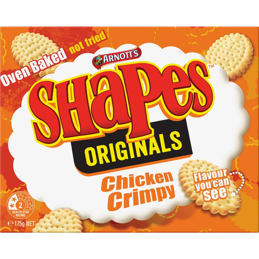 Crunchy Arnotts Shapes Chicken Crimpy crackers, baked with real chicken flavor, perfect for snacking and dipping.