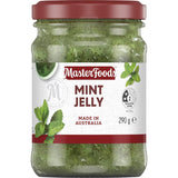 Masterfoods Mint Jelly Sauce, a tangy condiment made with fresh mint flakes, perfect for enhancing meats and sandwiches.