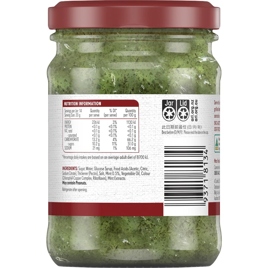 Masterfoods Mint Jelly Sauce in a jar, showcasing its fresh mint flakes and vibrant green color for culinary enhancement.