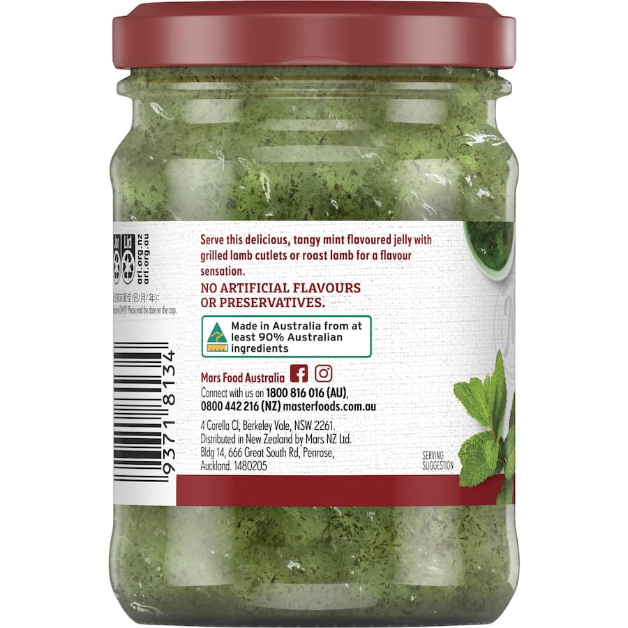 Fresh Masterfoods Mint Jelly Sauce in a jar, perfect for enhancing roasted meats and sandwiches with sweet minty flavor.