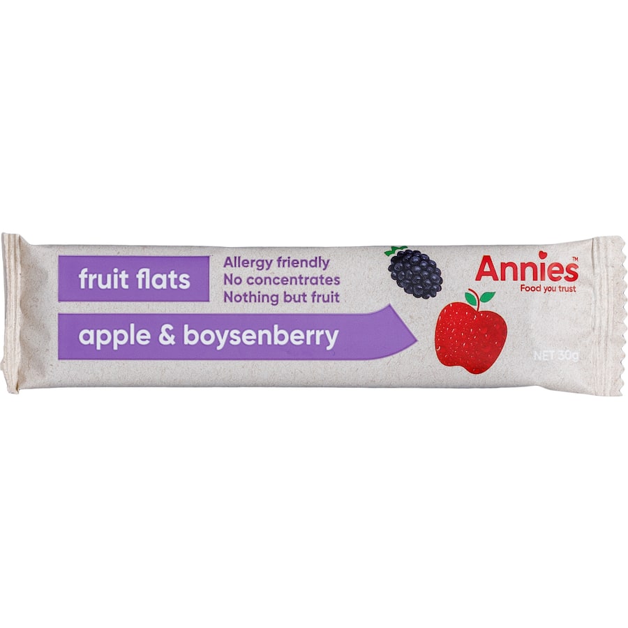 Healthy Annies Fruit Bar featuring apple and boysenberry, made from 100% real fruit, perfect for on-the-go snacking.