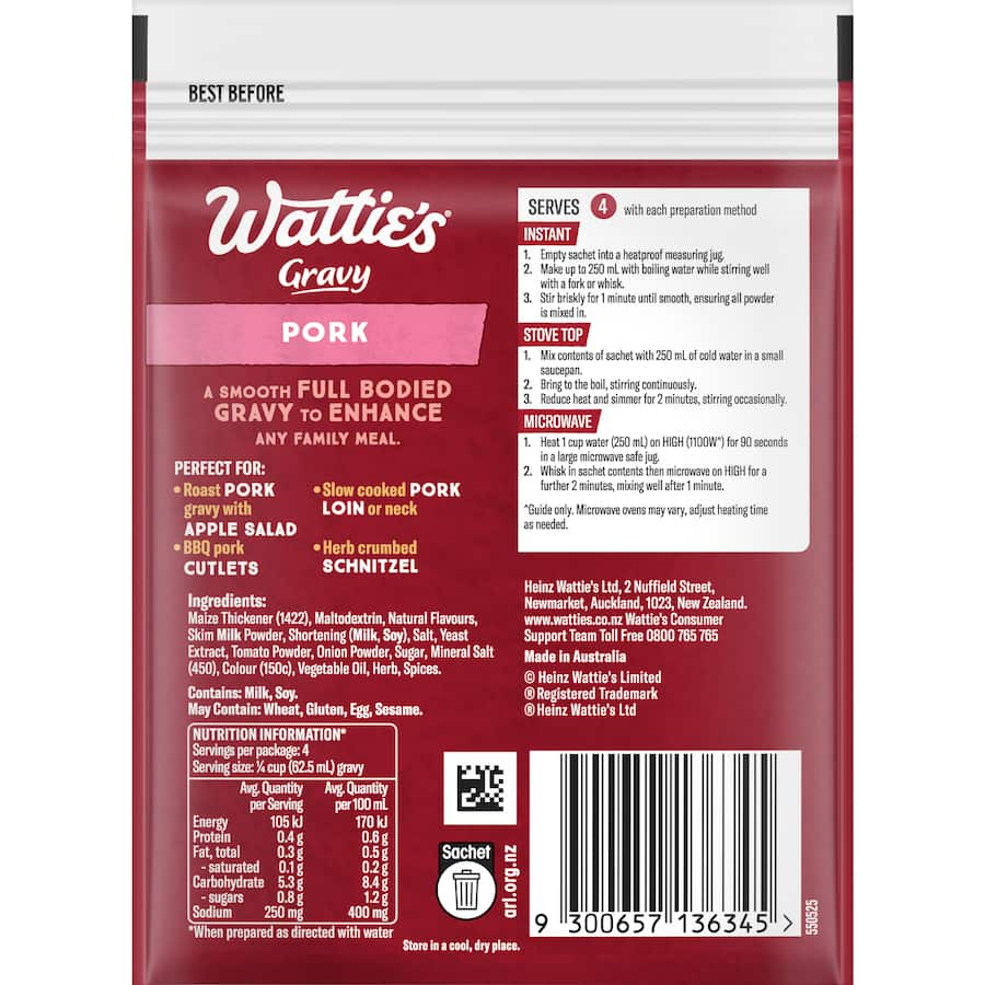 Wattie's Instant Gravy Mix Pork package featuring savory, quick-preparation gravy for enhancing meals and dishes.