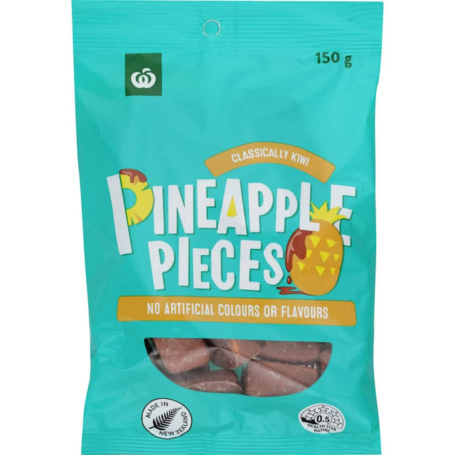 Woolworths Lollies Pineapple Pieces, fruity treats bursting with tropical pineapple flavor, perfect for snacking and sharing.