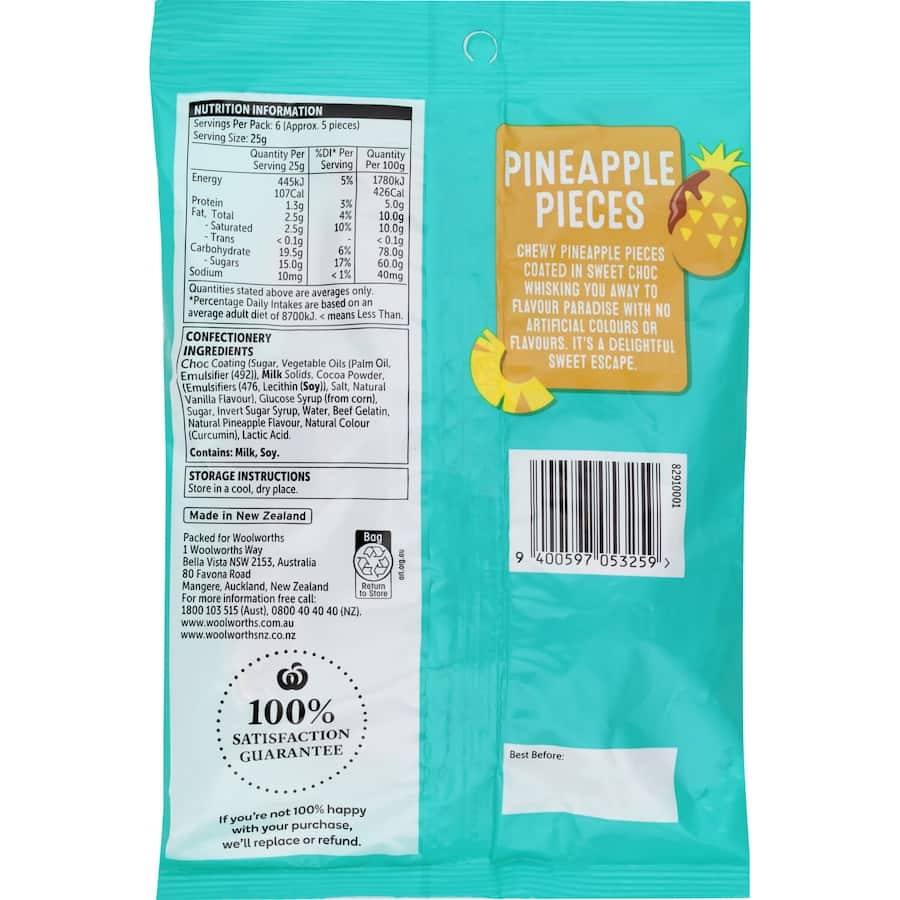 Tropical Woolworths Lollies Pineapple Pieces, bursting with juicy pineapple flavor for a delicious snack experience.