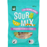 Woolworths Lollies Sour Mix: a vibrant assortment of tangy sour candies including gummies, belts, and drops.