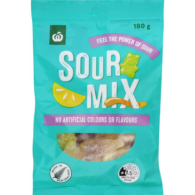 Woolworths Lollies Sour Mix: a vibrant assortment of tangy sour candies including gummies, belts, and drops.