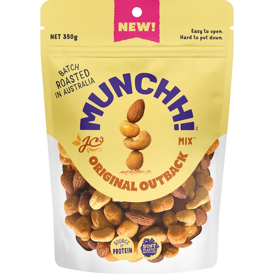 Munchh Mixed Nuts Original Outback features a tasty blend of BBQ peanuts, almonds, cashews, and macadamias for a healthy snack.