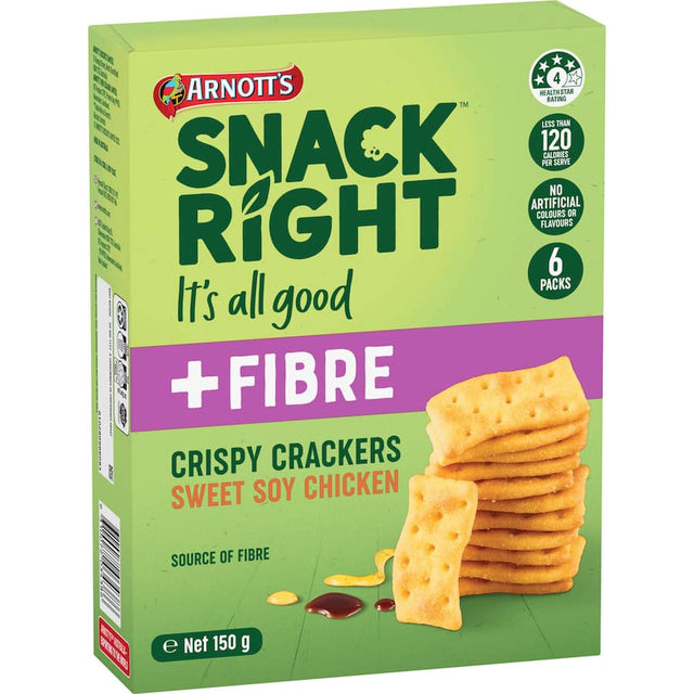 Arnotts Snack Right Crackers Sweet Soy Chicken, savory, crunchy crackers ideal for snacking or pairing with dips and cheese.