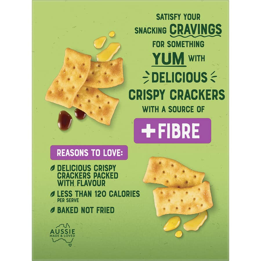 Savory Arnotts Snack Right Crackers featuring Sweet Soy Chicken flavor, perfect for snacking and pairing with dips.