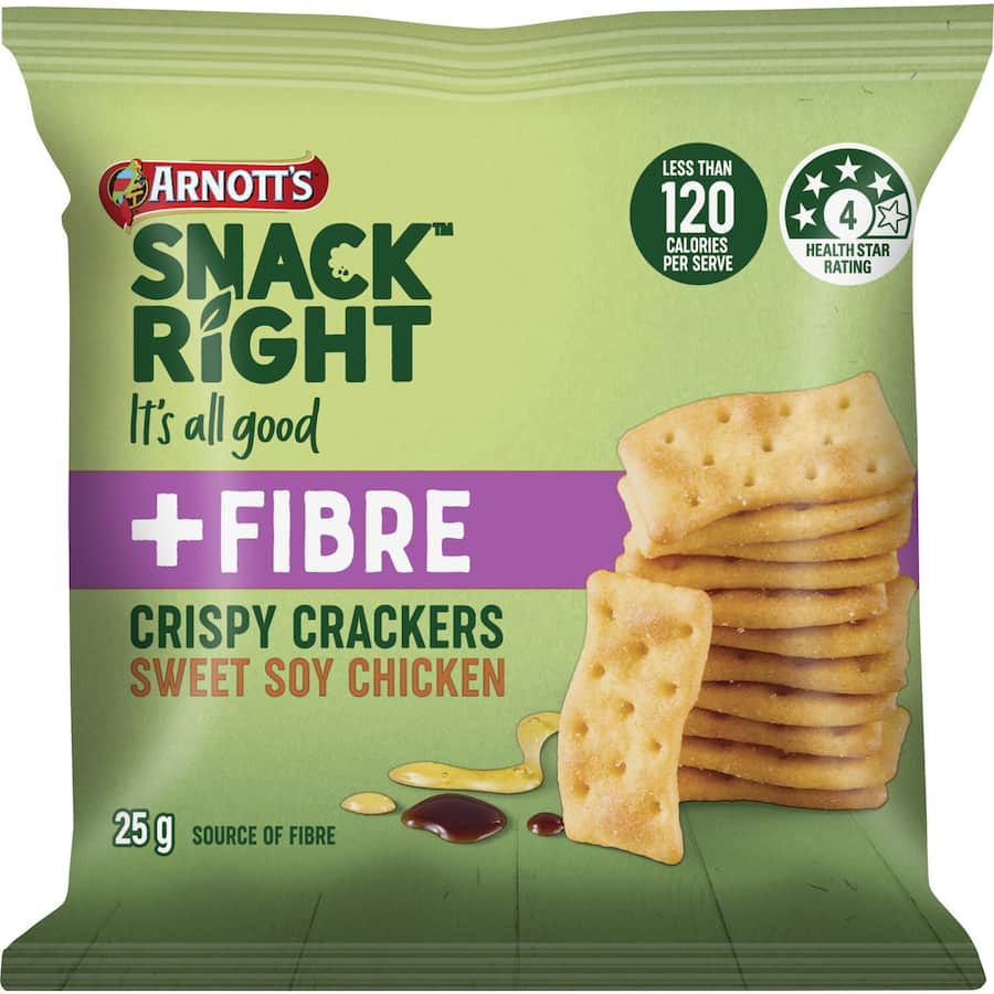 Savory Arnotts Snack Right Crackers with Sweet Soy Chicken flavor, perfect for dipping or on-the-go snacking.