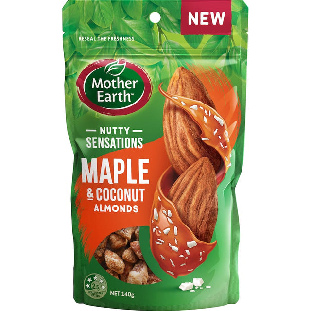 Delightful Mother Earth Almonds with maple syrup and coconut, offering a crunchy, wholesome snack experience.