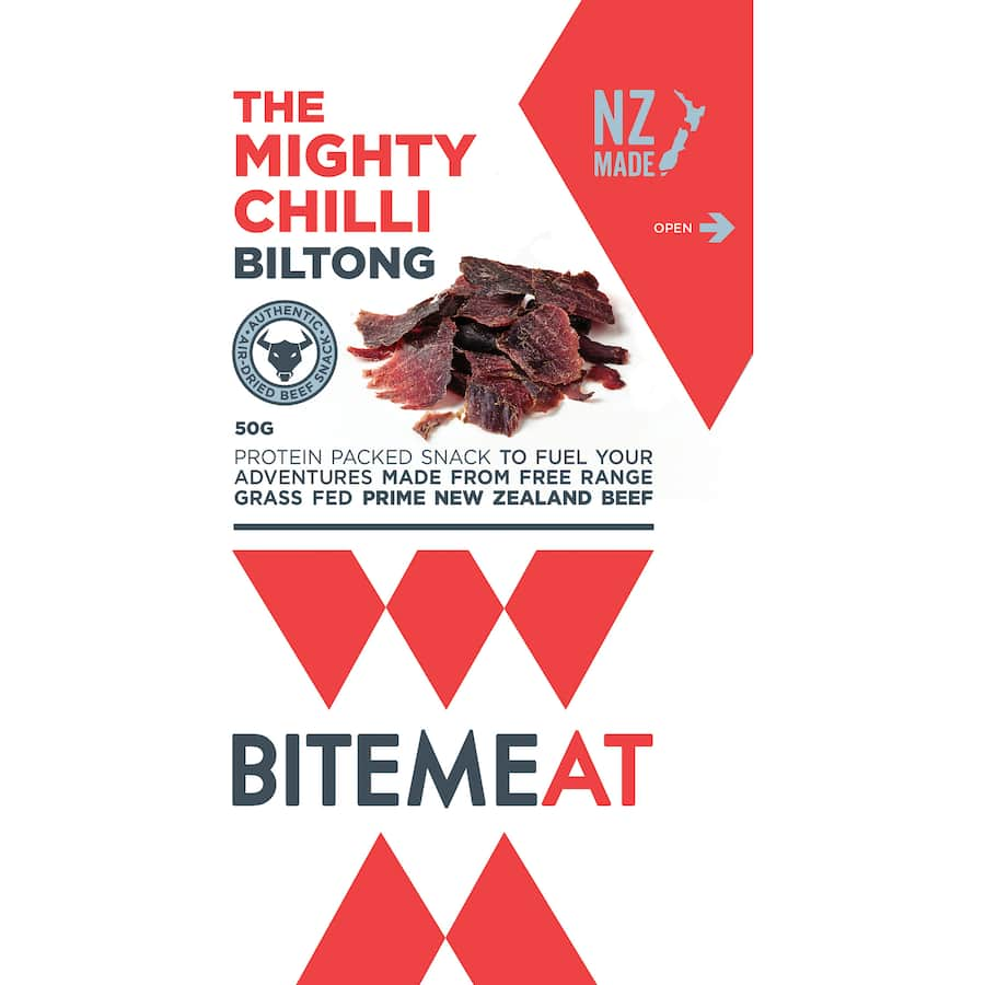 Mighty Chili Biltong made from grass-fed beef, packed with protein, gluten-free, and perfect for active lifestyles.