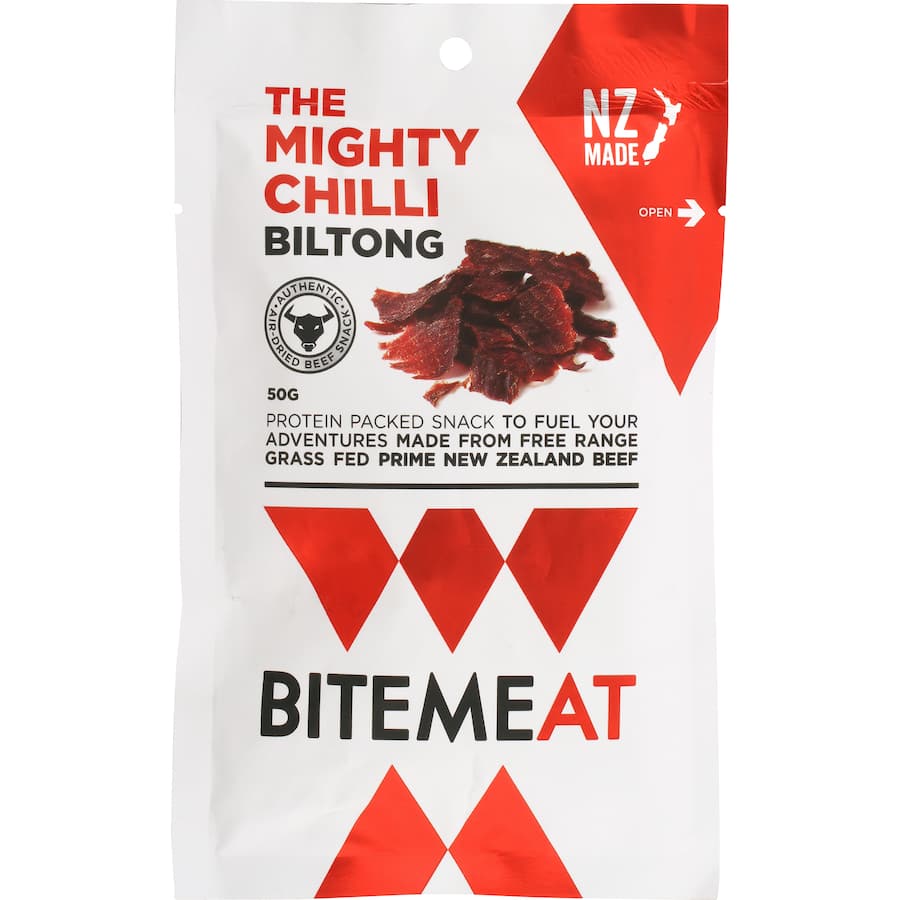 Bite Meat Mighty Chili Biltong, a protein-rich snack made from grass-fed beef with a bold chili flavor, perfect for active lifestyles.