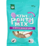 Colorful assortment of Woolworths Lollies Kiwi Party Mix featuring kiwi gummies, chews, and candy bites.