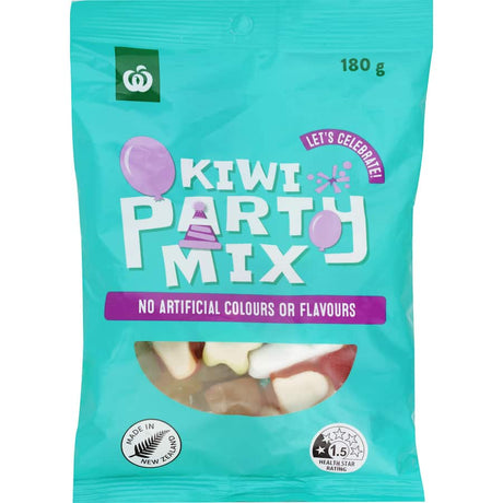 Colorful assortment of Woolworths Lollies Kiwi Party Mix featuring kiwi gummies, chews, and candy bites.