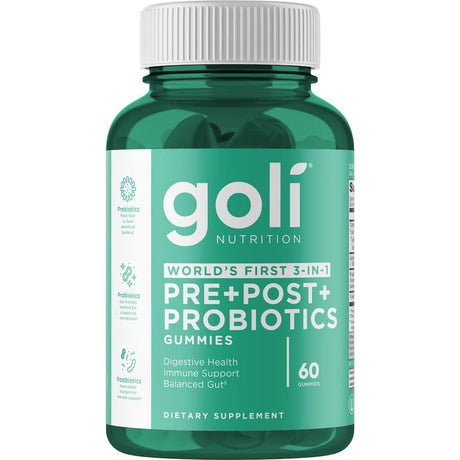 Goli Pre Plus Post Plus Probiotic Gummies featuring 3-in-1 formula for digestive health, immune support, and gut balance.